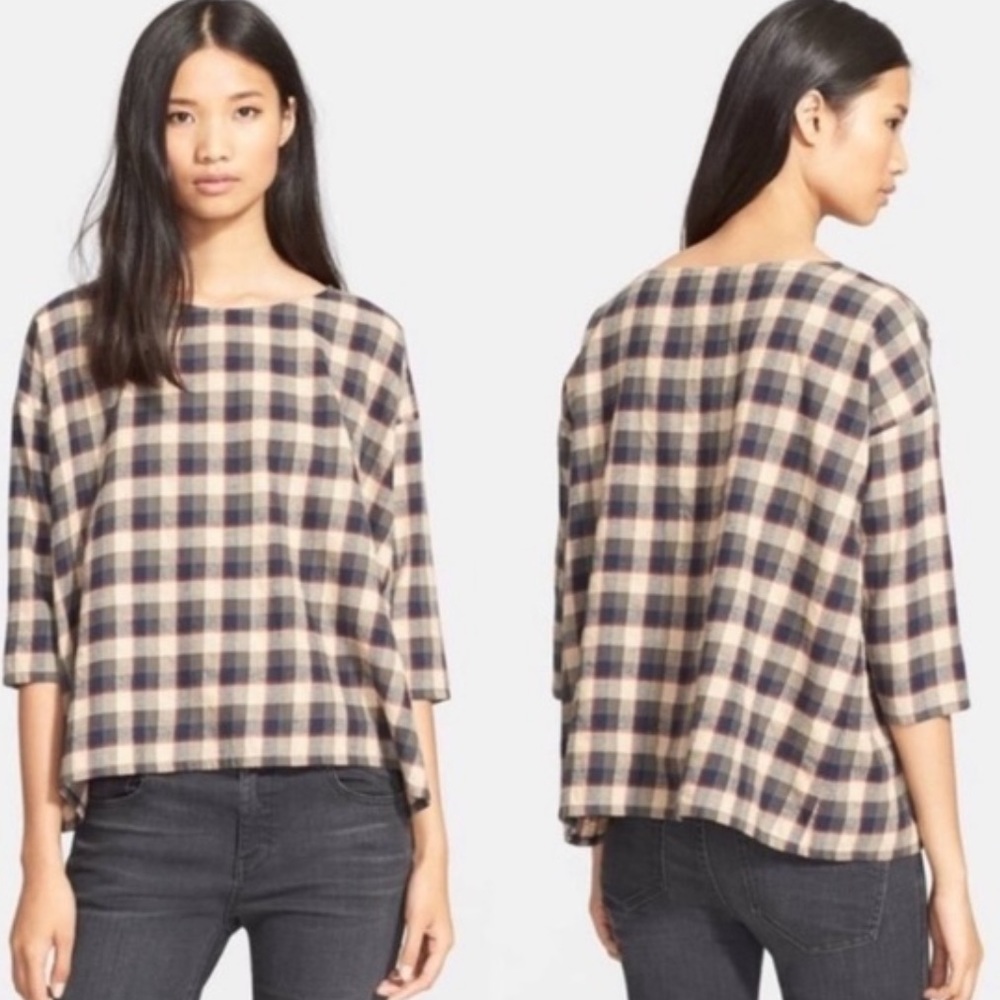 THE GREAT. Plaid Top in Navy and Cream